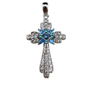 Silver-Tone‎ Cross Pendant With Blue & Clear Cubic Zirconia Accents